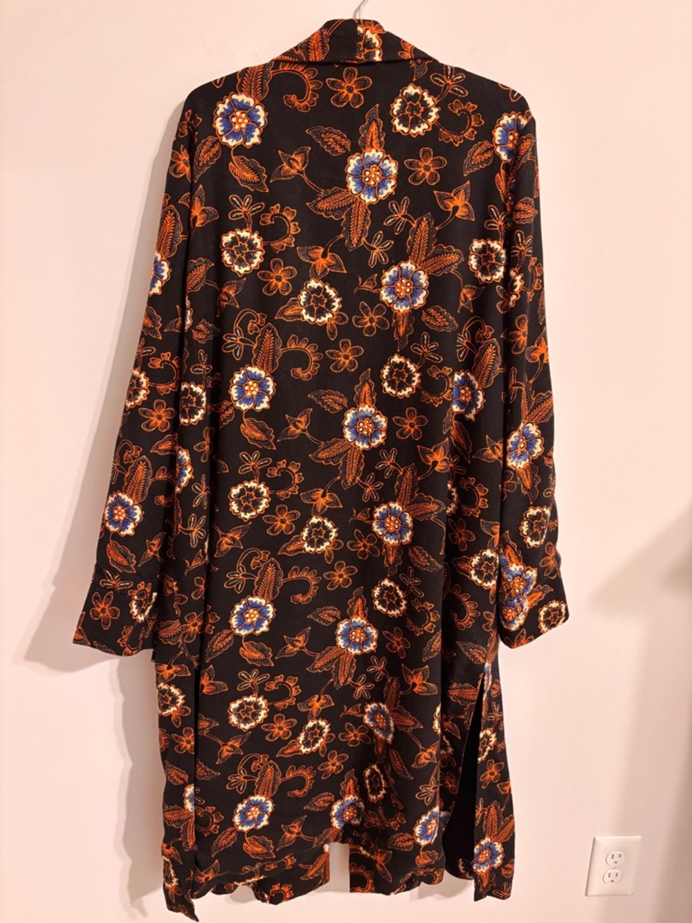 Anthropologie Black Floral Duster Coat with Orange & Blue Accents - Picture 4 of 13